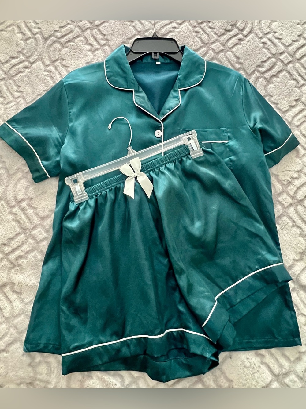 SHEIN Women’s Medium Teal Satin Pajama Set Button Up Top & Shorts